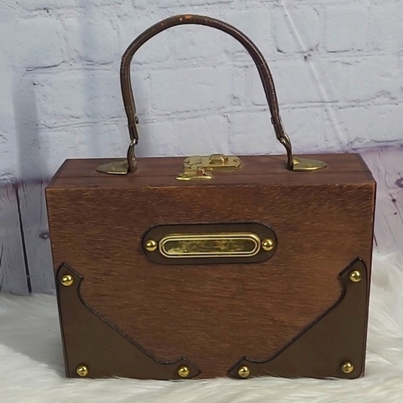 Vintage 50s Parklane USA Mahagony Wooden Square Clasp Lock Purse Clutch - Picture 5 of 17